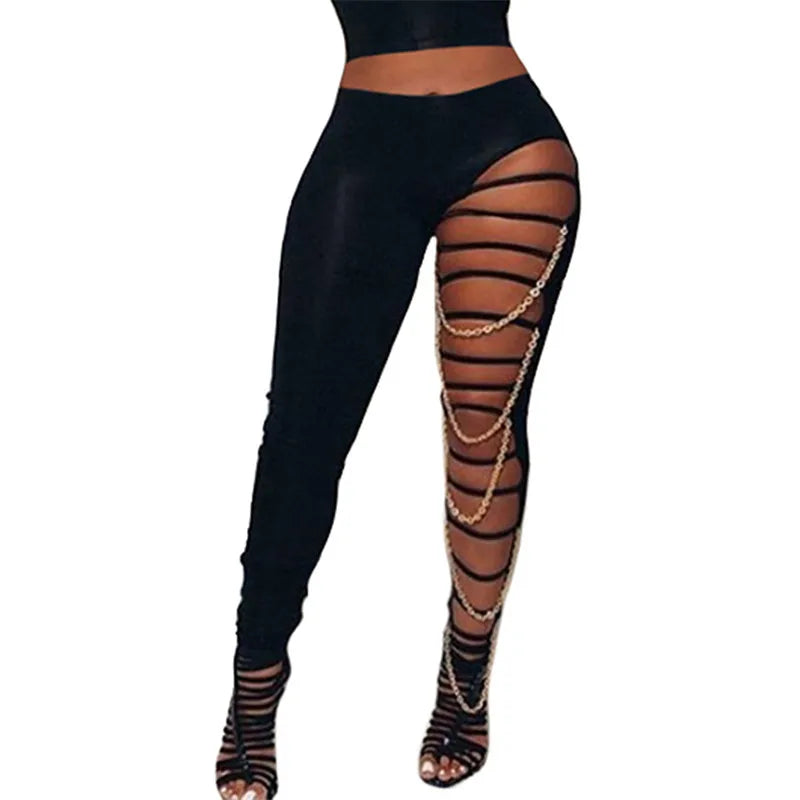 Chain Patchwork Pants Leggings Sexy Women Hollow Out Trousers Black High Waist Bodycon Slim Clubwear Streetwear