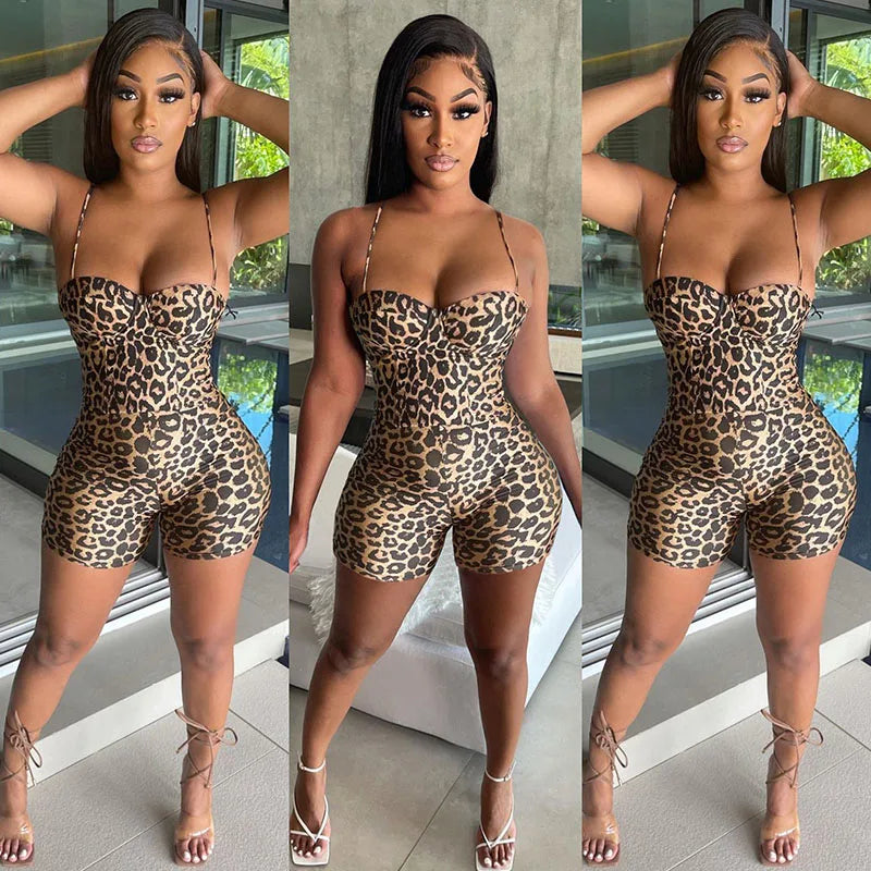 Leopard Print Bodycon Jumpsuit Women Playsuit Shorts Spaghetti Strap Backless Strapless Romper Sexy Party Club One Piece Outfits