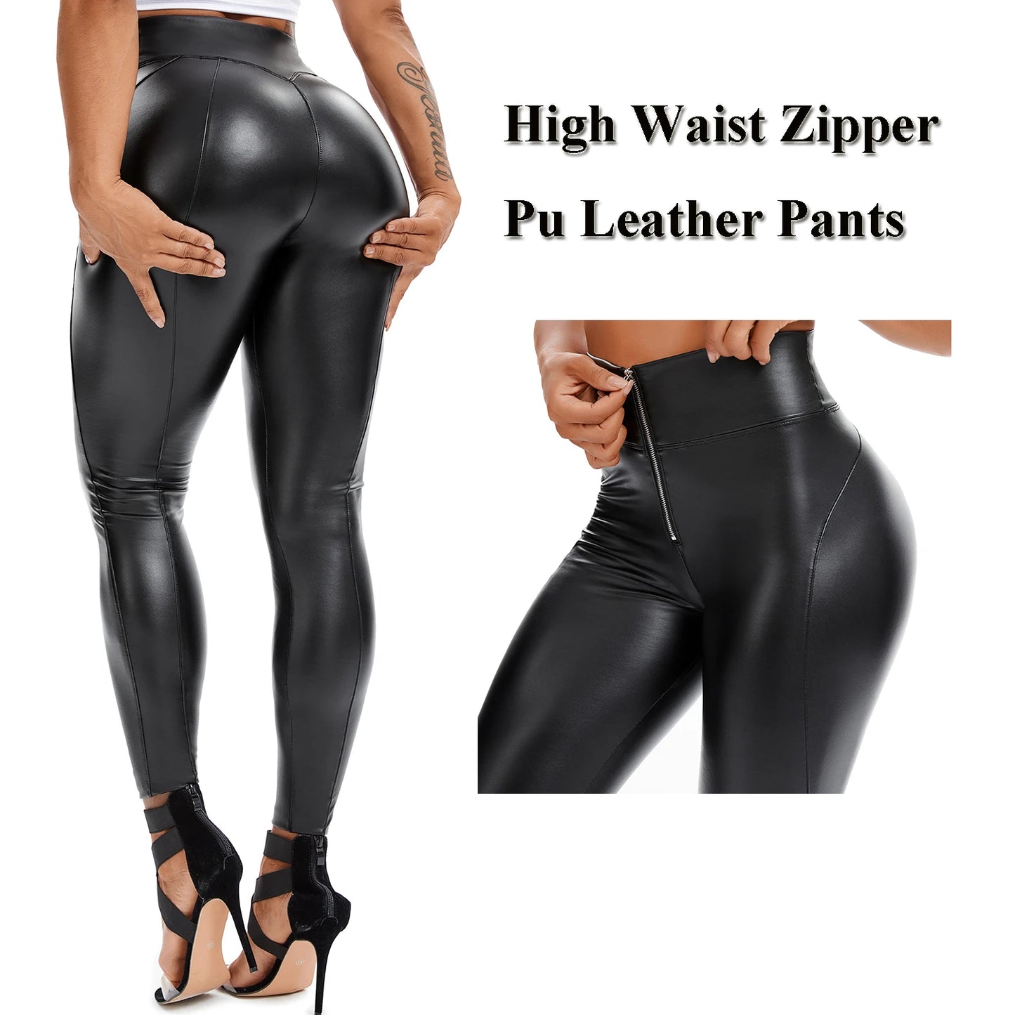 High Waist Zipper Pu Leggings For Women Black Push Up Leggins Lady Sexy Booty Stretch Slim Sport Pants Pu Leather Legging Female