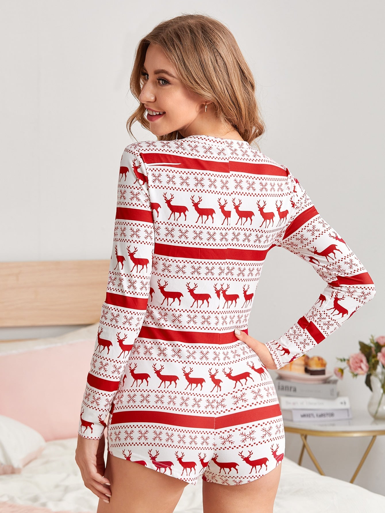 Women Christmas Print Jumpsuits Long Sleeve Nightwear Jumpsuit Bodysuit Playsuit Romper Sleepwear Slim Night Wear Homewear Xams