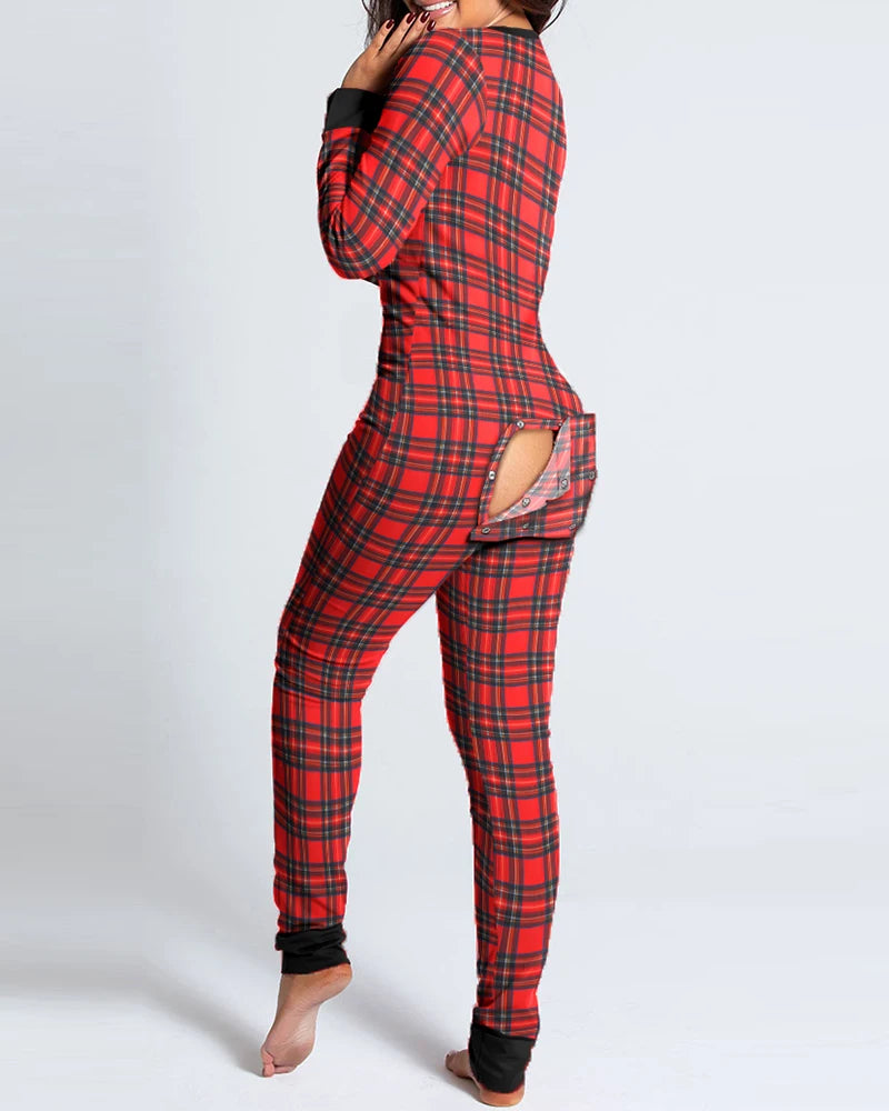 Women's Pajamas Christmas Printed Sexy Jumpsuit Fashion Casual Button Front Bottom Rear Hip Opening Flip Jumpsuits