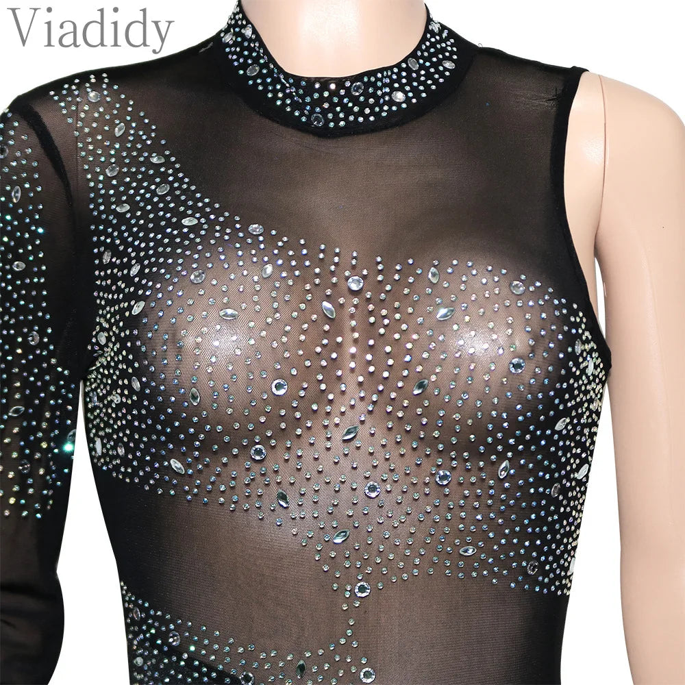 Women Sexy One Shoulder Rhinestone Sheer Mesh Patchwork Skinny Jumpsuit