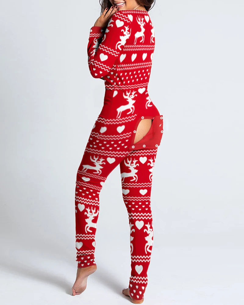 Women's Pajamas Christmas Printed Sexy Jumpsuit Fashion Casual Button Front Bottom Rear Hip Opening Flip Jumpsuits