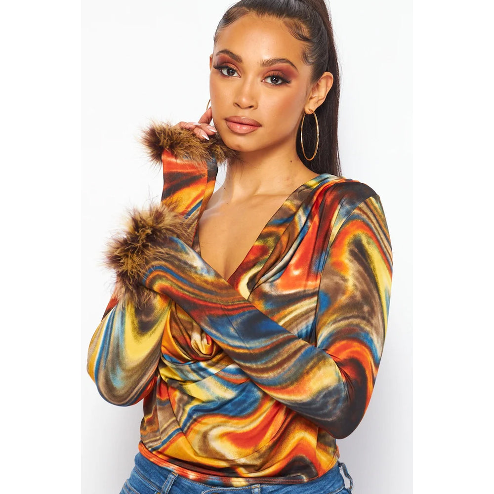 Sleeve Fur Trimmed Swirl Print Cowl Neck Top