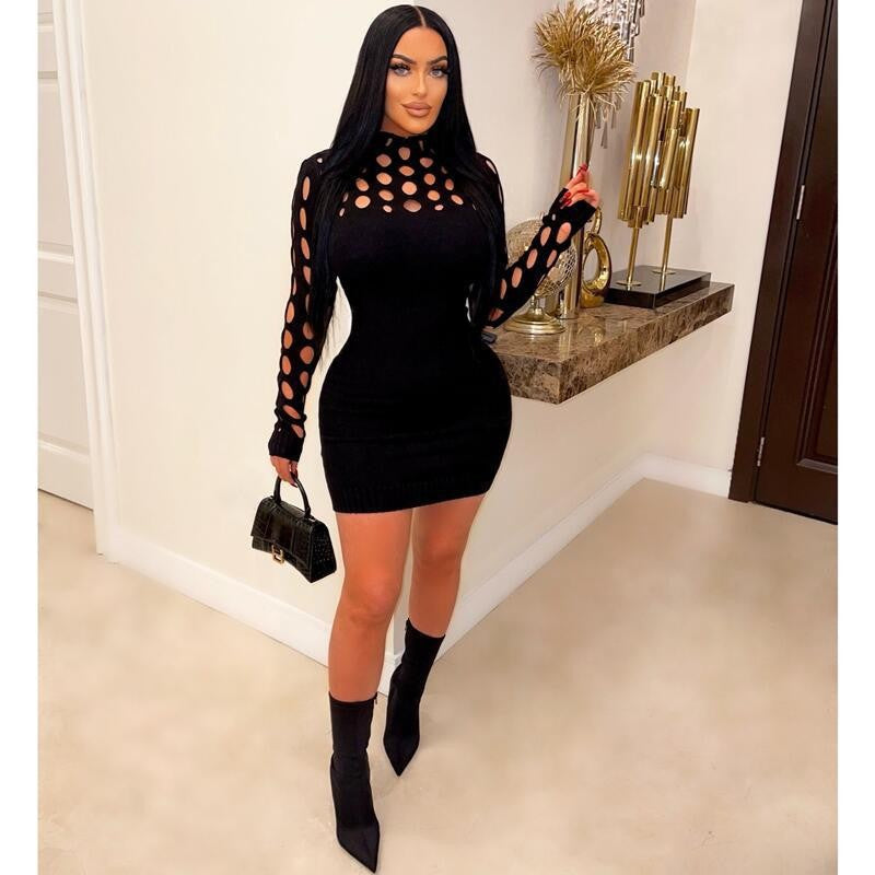 Women Clothing Sexy Knitted Dress Hollow Out Cutout Long Sleeve Tight Woolen Dress Wanita Store