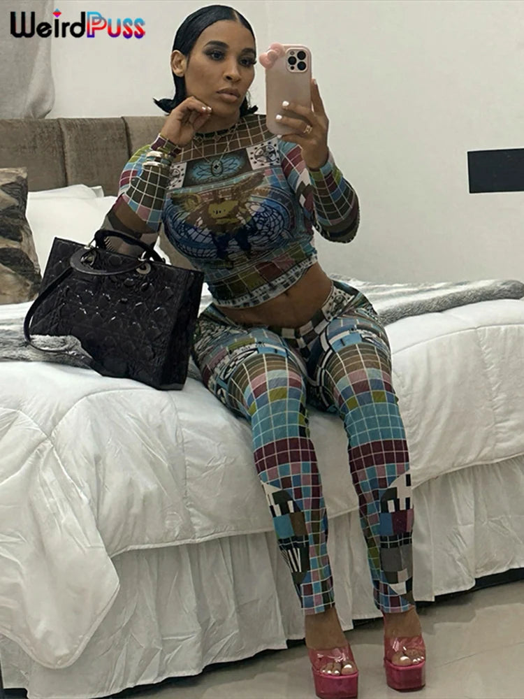 Weird Puss Pixel Print Women 2 Piece Set Tracksuit Colorful Full Sleeve Crop Tops+Leggings Stretch Matching Streetwear Outfits