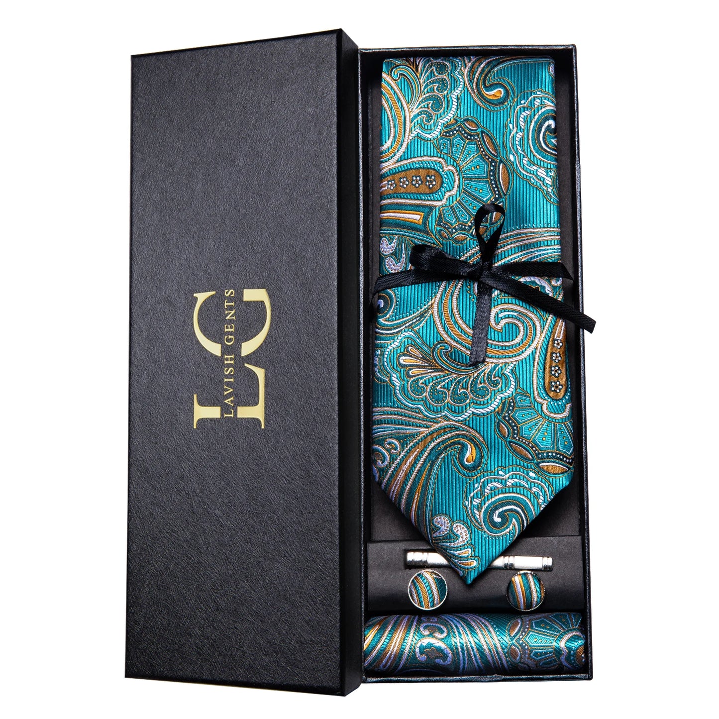 Hi-Tie Luxury Gift Box Classic Paisley Teal Green NeckTie