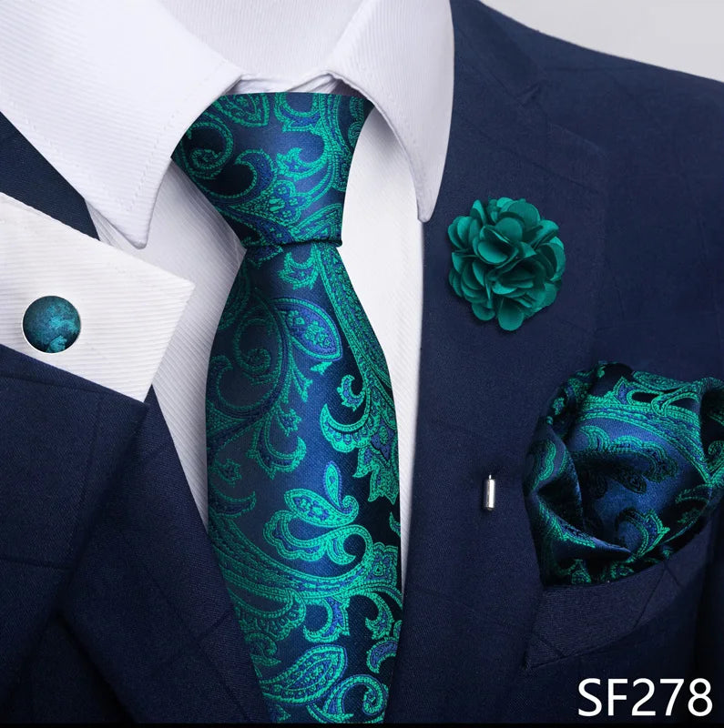 Luxury Mens Ties Floral Black Gold Ties Paisley NeckTie Pocket Square Cufflinks Brooch Set Men's Wedding Party Tie