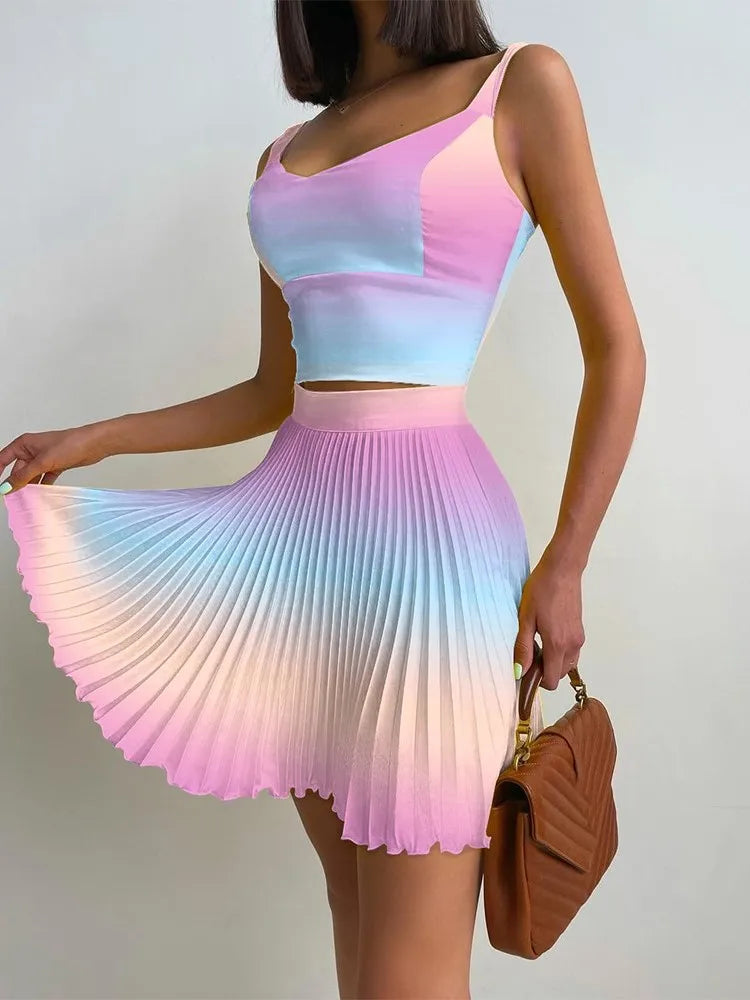 Sexy Printed Halter Pleated Short Skirt 2 Piece Set