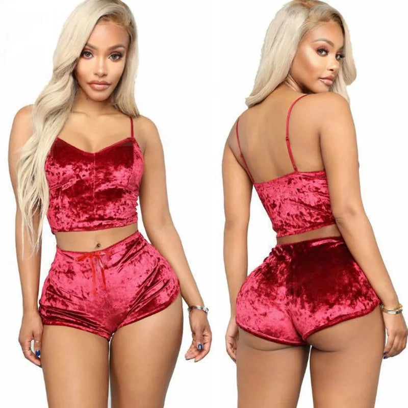 Sexy Velvet Pajamas V-Neck Lingerie Two Sets Women Suspenders Short Pants Loungewear