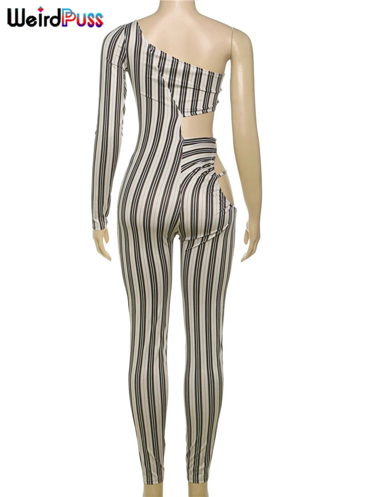 Weird Puss Sexy Hollow Jumpsuit Women Ruched Irregular Hipster Club Stripe Print Full Sleeve Midnight Activity Workout Overalls