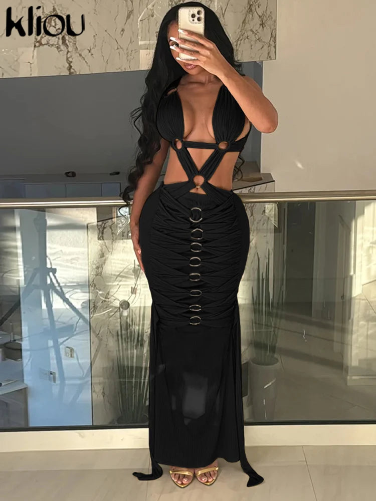 kliou Woven Shirring Women Long Dresses Solid Sexy Elegant Deep V-neck Hollow Stunning Bodycon Mujer High Street Party Vestidos