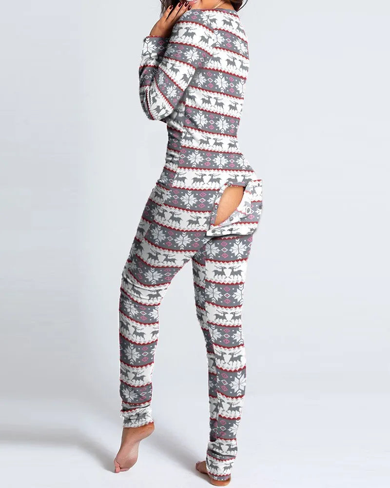 Women's Pajamas Christmas Printed Sexy Jumpsuit Fashion Casual Button Front Bottom Rear Hip Opening Flip Jumpsuits FashionMojos.com