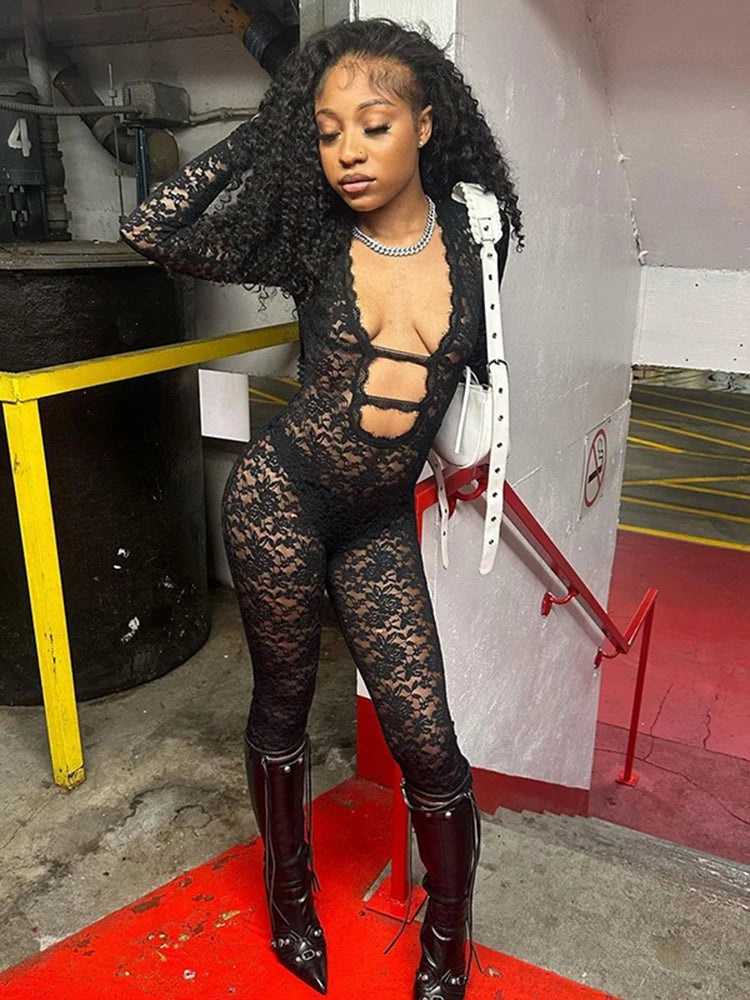 kliou Embroidered See Through Women Jumpsuits Sexy Hot Lace Deep V-neck Trim Skinny Overalls Female Stunning Nighout Clubwear