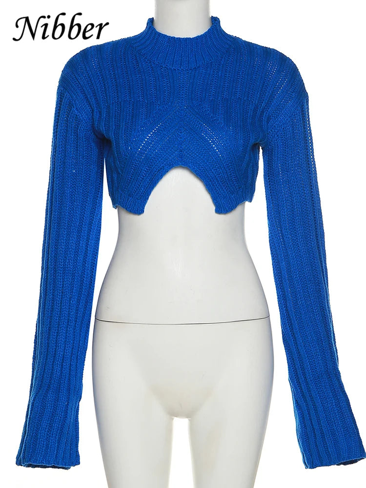 Nibber Autumn Solid Color Pullovers Clother For Women O-neck Midriff-baring Long-sleveed All-match Sweater Streetwear Travel