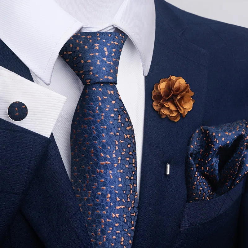 Luxury Mens Ties Floral Black Gold Ties Paisley NeckTie Pocket Square Cufflinks Brooch Set Men's Wedding Party Tie