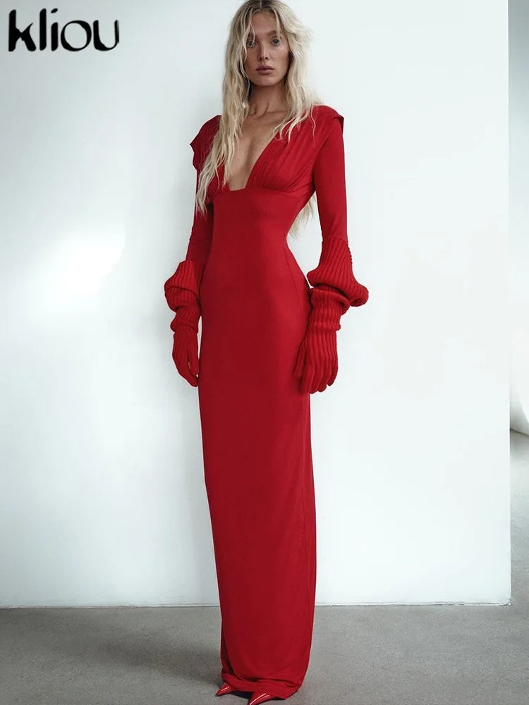 kliou Pleated Elegant Women Maxi Dress Fashion Solid Concise Deep V-neck Full Sleeve Sheath Robe Lady High Street Evening Frock