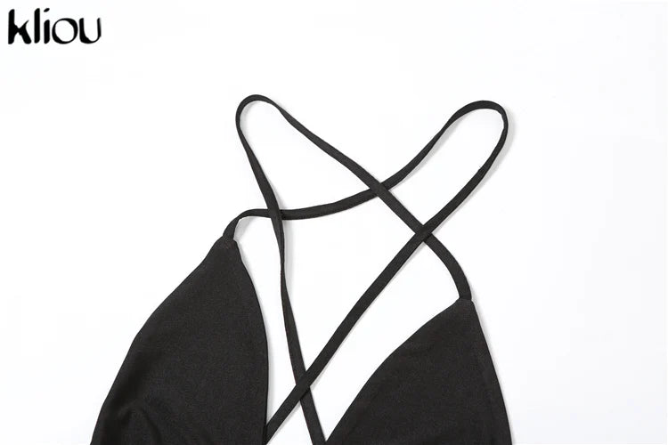 kliou Halter Bandage Jumpsuits Women 2024 Solid Simple Backless Sleeveless Deep V-neck Skinny Overalls Female Classic Streetwear