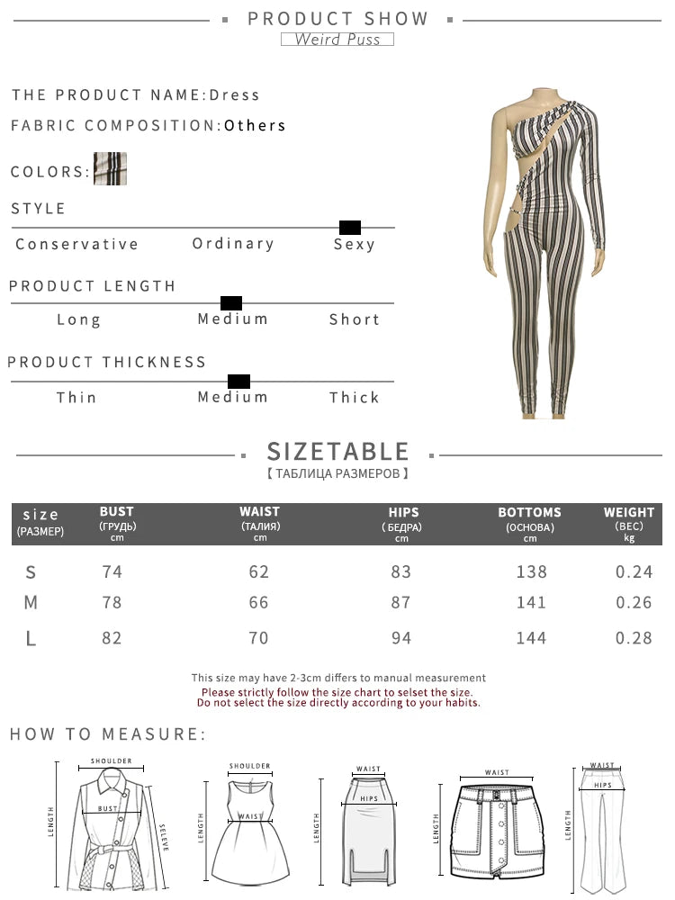 Weird Puss Sexy Hollow Jumpsuit Women Ruched Irregular Hipster Club Stripe Print Full Sleeve Midnight Activity Workout Overalls