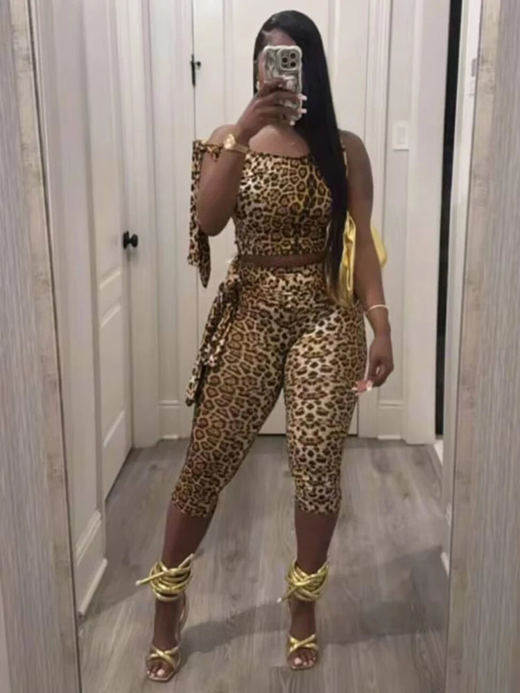 Weird Puss Summer 2 Piece Set Women Leopard Print Inclined Shoulder Tank Tops+Shorts Stretch Tight Matching Streetwear Outfits