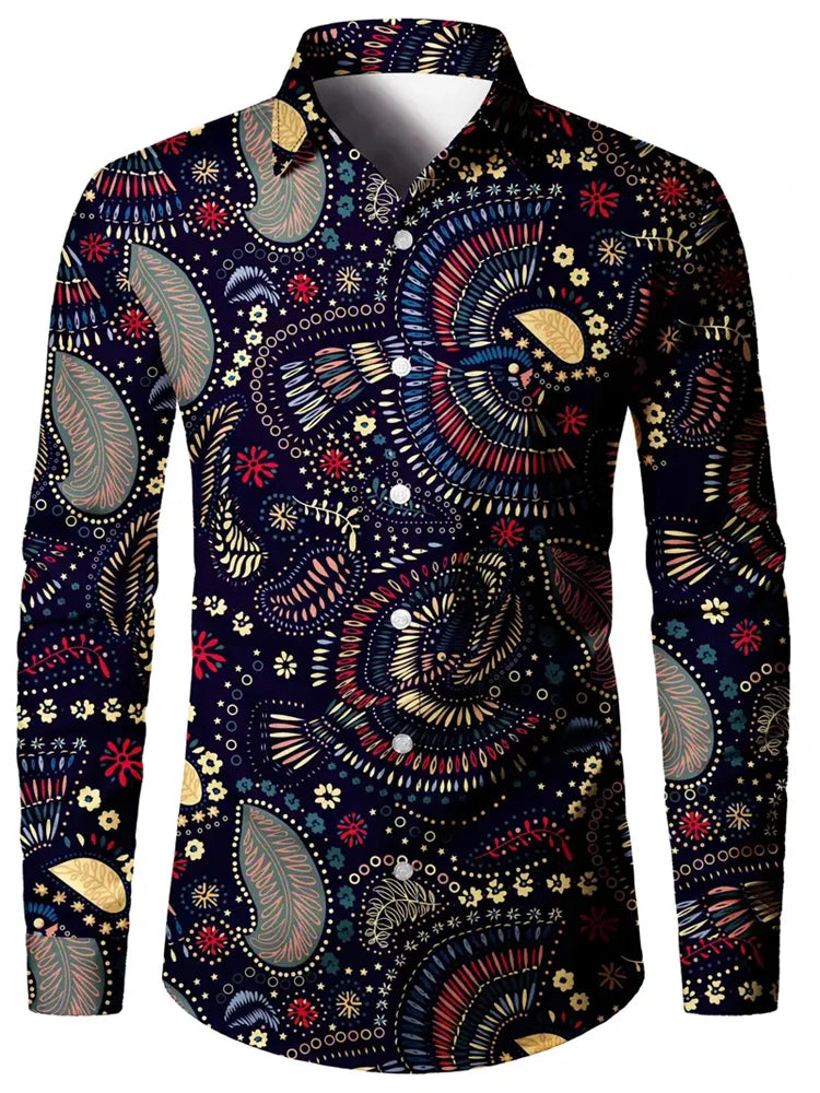 Men Retro Cashew Flower Shirt Exquisite Printing Long Sleeve Button Down Shirt Fashion Casual Lapel Cardigan Jacket Office Shirt