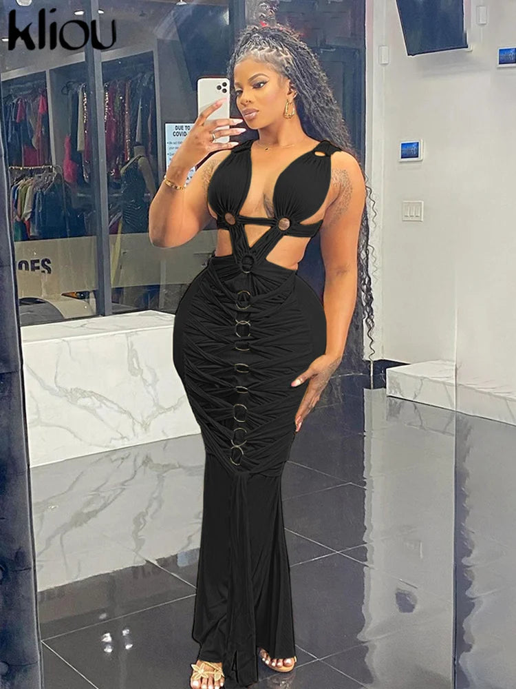 kliou Woven Shirring Women Long Dresses Solid Sexy Elegant Deep V-neck Hollow Stunning Bodycon Mujer High Street Party Vestidos