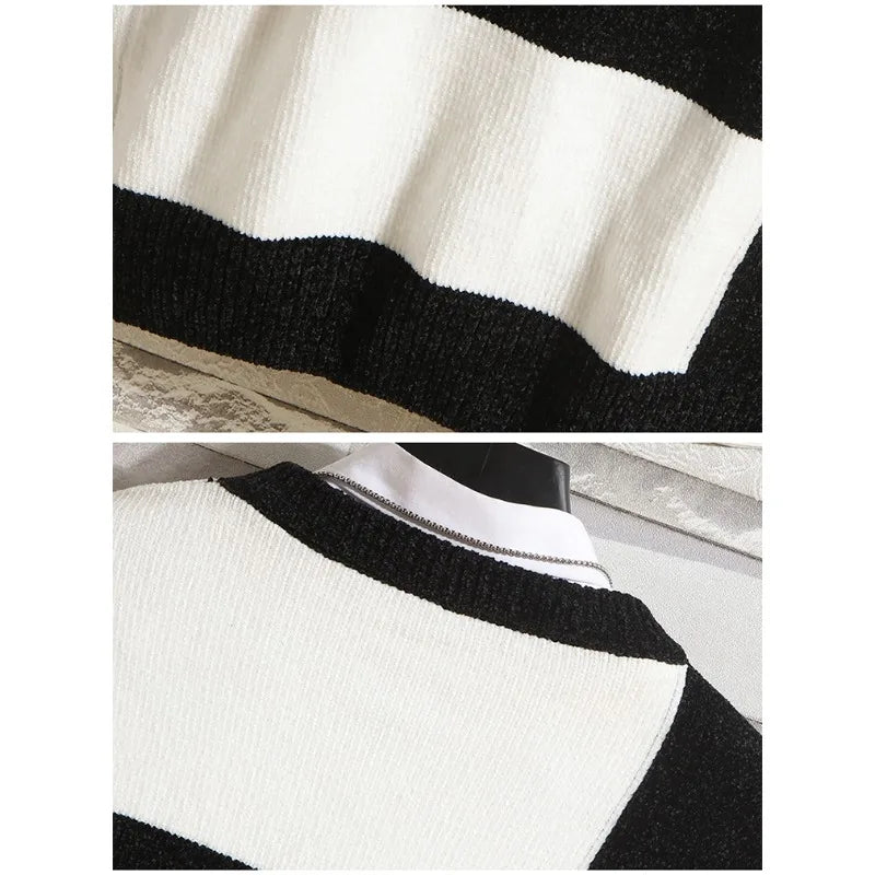 Men's Fashion Long Sleeve Round Neck Black and White Striped Chenille Sweater Autumn/winter Comfort Knit