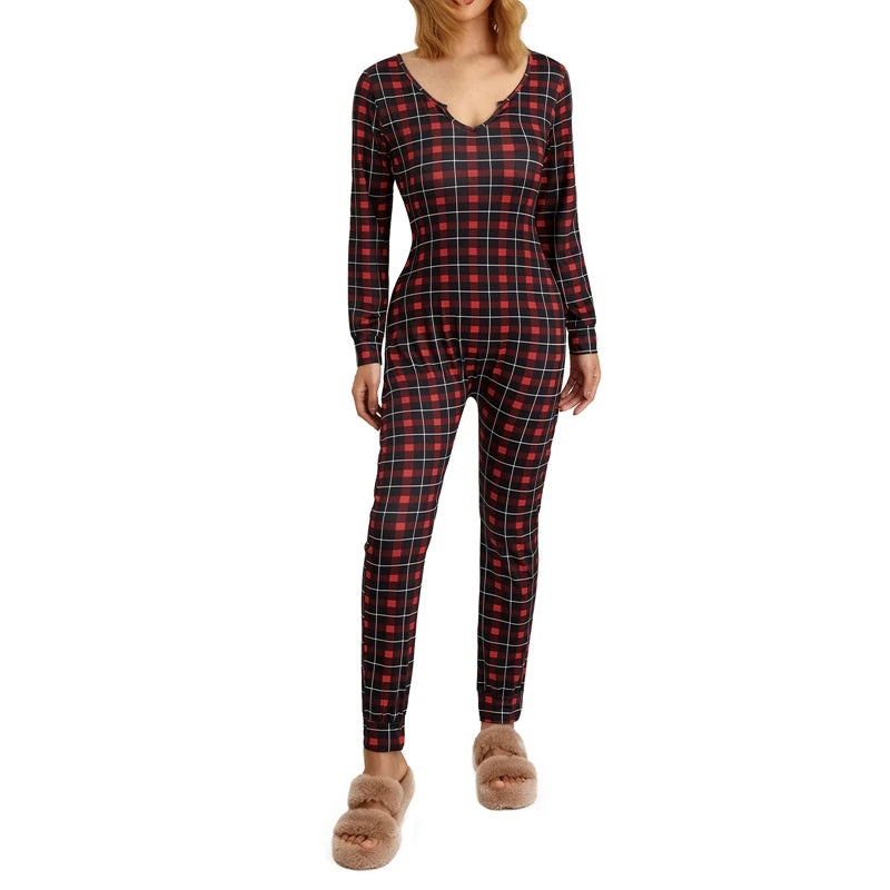 Women's Christmas Pajamas Romper Long Sleeve Zip Up Jumpsuit Button Bodycon Bodysuit Snowflake Plaid Print Loungewear