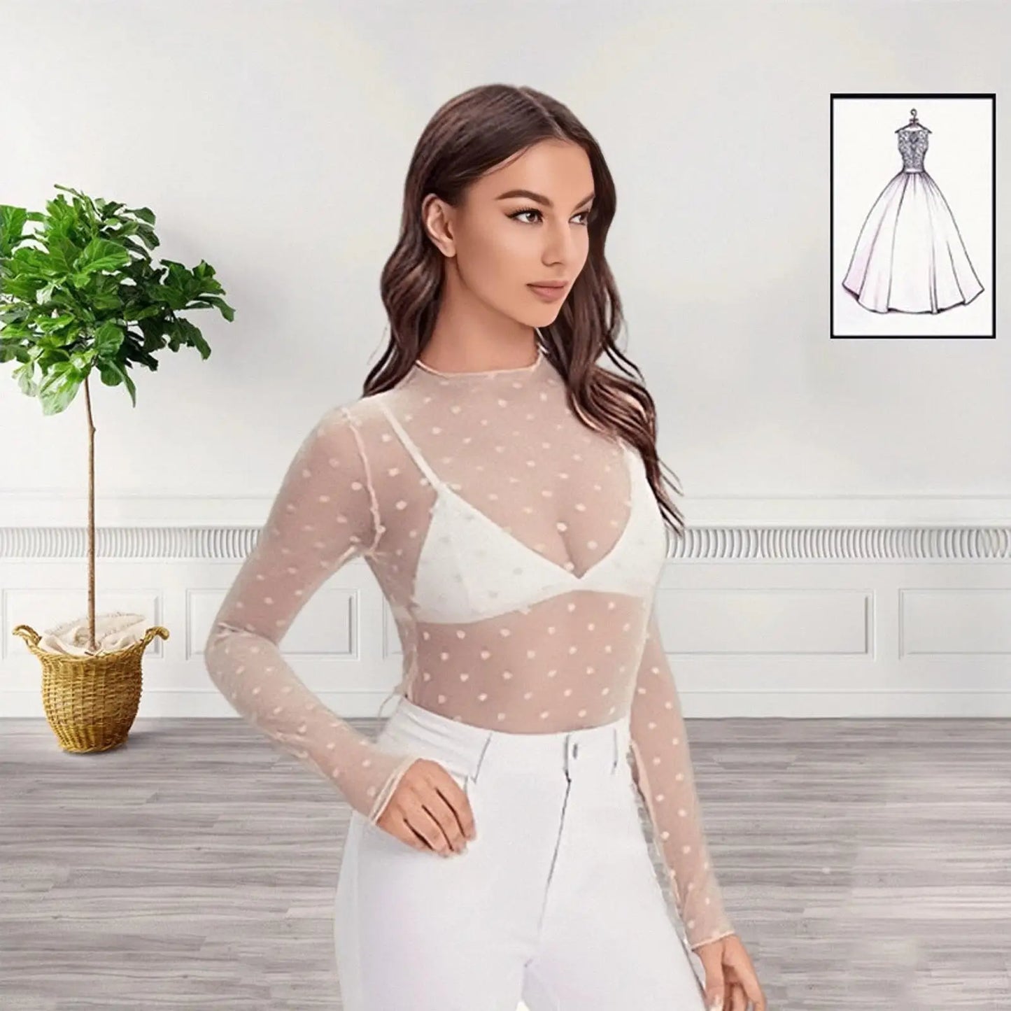 T Shirt For Women Basics Retro Sexy Polka Dot O Neck Bodycon Tops Off The Shoulder Vintage Solid Streetwear Lace Transparent