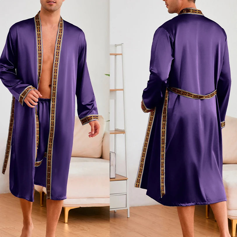 Male Ice Silk Pajamas 2Pcs Robe Suit Man Sleepwear Summer Spring Kimono Loungewear Peignoir Homme Nightwear Bathrobe Gown