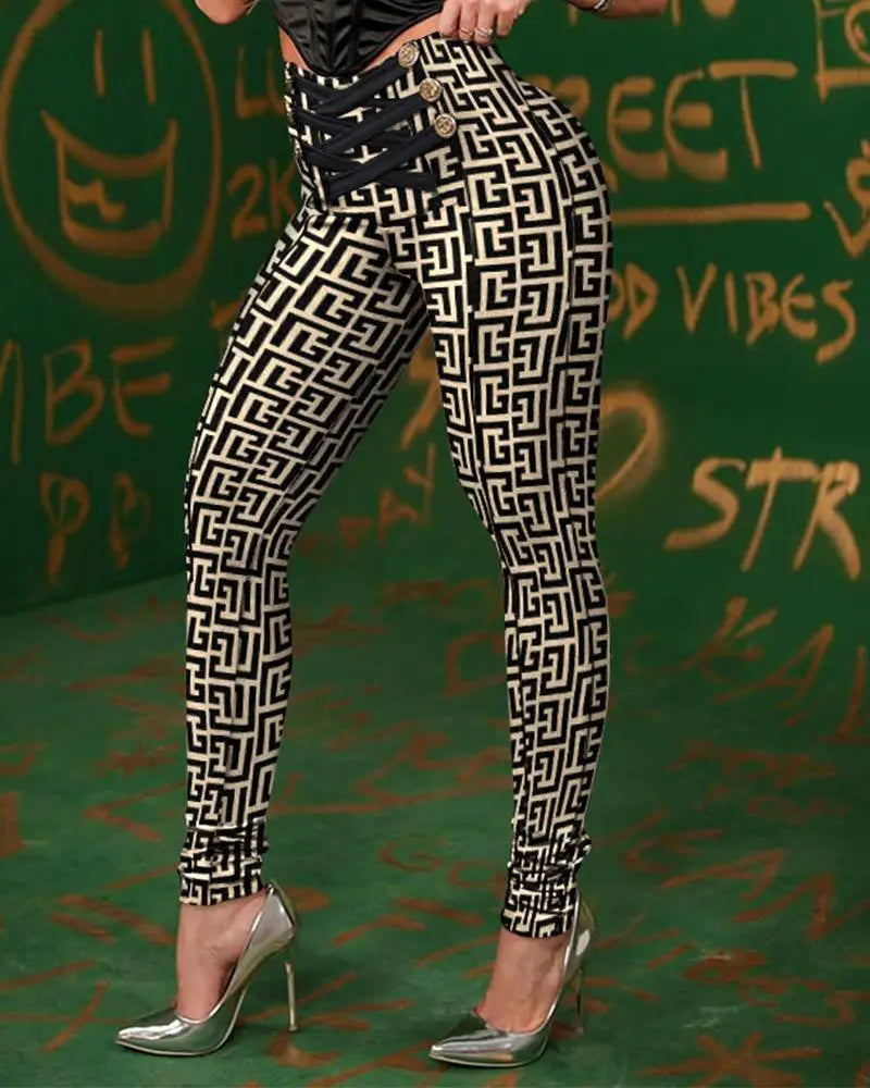 Chic Bandage Criss Cross Trousers Women Spring Pencil Pants Female Geometric Print High Waist Butt Skinny Pants Women FashionMojos.com