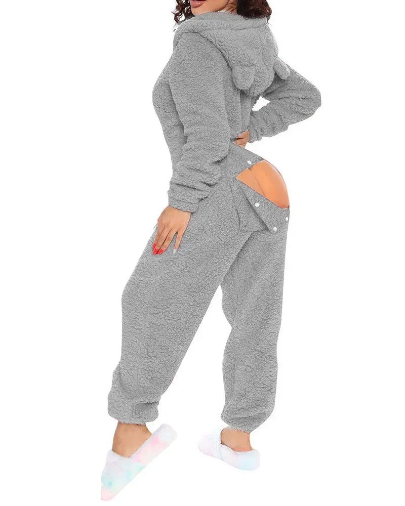 Women Plush Velvet Hooded Jumpsuits Button Open Butt Fluffy Hoodies Bodysuits Casual Playsuits Tracksuits One-piece Overalls 2XL