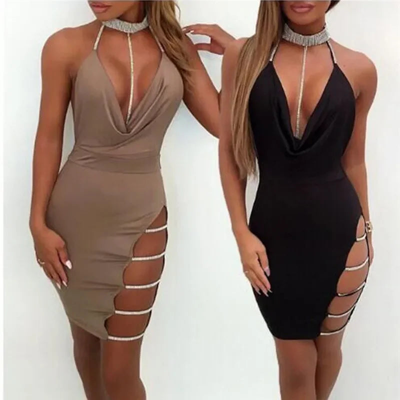 Sexy Deep V Neck Low-cut Side Split Silver Collar Bodycon Dress