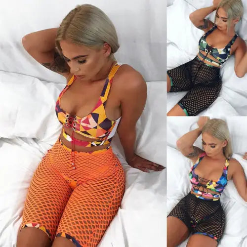 Women Colorful Bathing Suit, Three-piece Bandage Swimsuit, Tops Swim Trunks Net Pants Set Beachwear, Summer Seaside Bikinis