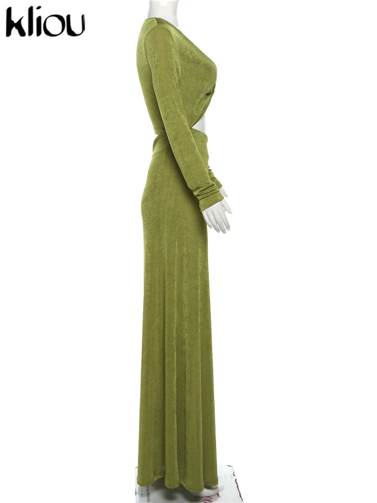 kliou Asymmetrical Waistless Women Dress Simple Solid Deep V-neck Sheath Trend Frock Sexy Popular High Street Banquet Lady Robe