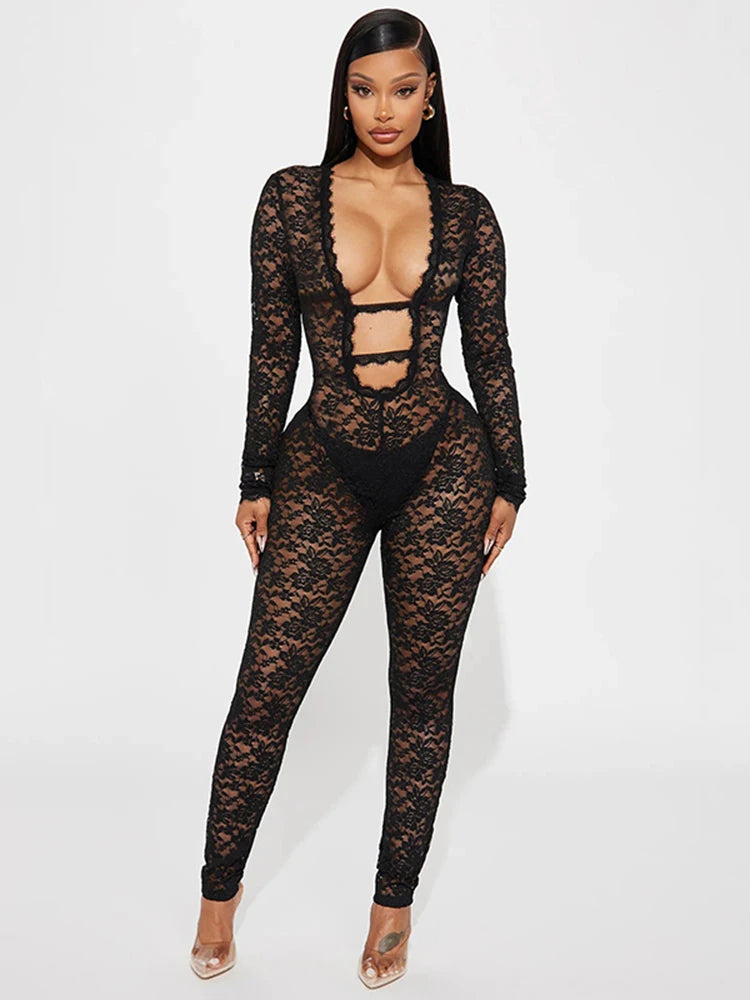 kliou Embroidered See Through Women Jumpsuits Sexy Hot Lace Deep V-neck Trim Skinny Overalls Female Stunning Nighout Clubwear