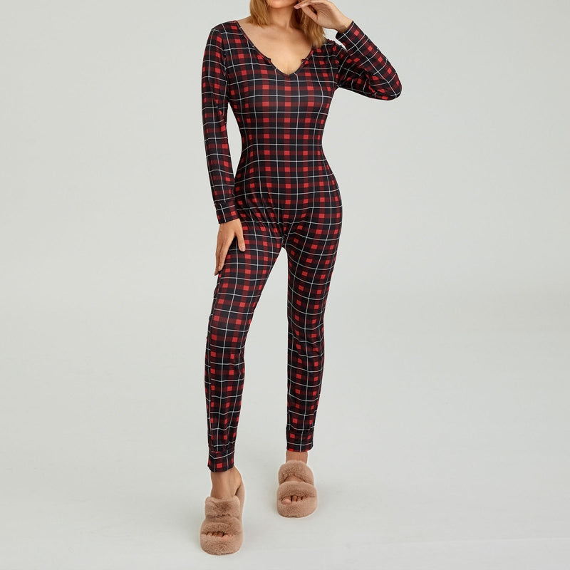 Women's Christmas Pajamas Romper Long Sleeve Zip Up Jumpsuit Button Bodycon Bodysuit Snowflake Plaid Print Loungewear