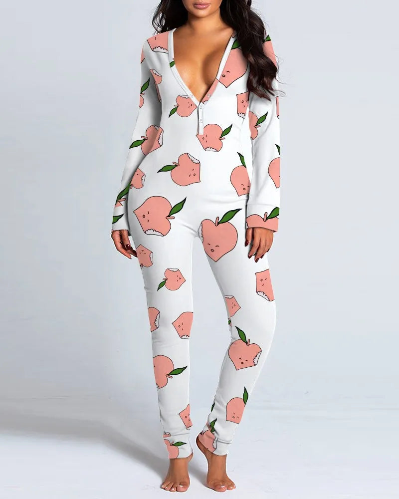 Women's Pajamas Christmas Printed Sexy Jumpsuit Fashion Casual Button Front Bottom Rear Hip Opening Flip Jumpsuits