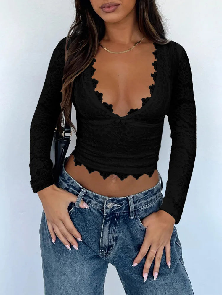 Sexy Deep V Hollow Out Lace Pullover Top For Women,Long Sleeve Shirts & Blouses,Women's Blouses Trend,Womens Tops And Blous