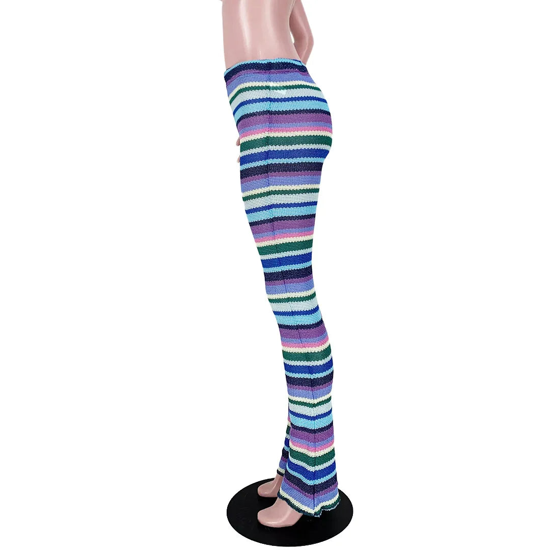 Leosoxs Colorful Striped Women Flare Pants Knitted Elastic Waist Skinny New Summer Trendy Y2K Streetwear Daily Wild Bottoms