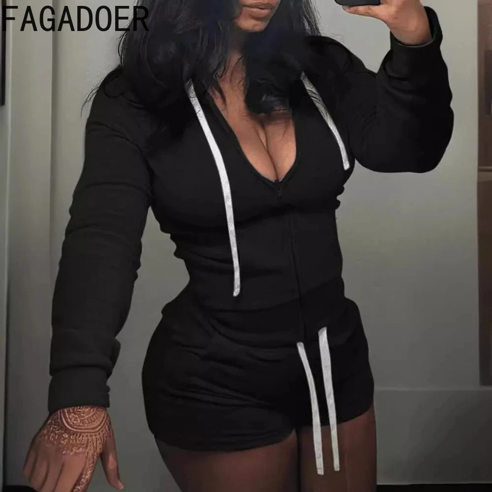 FAGADOER Casual Solid Hooded Zip Shorts Tracksuits Women