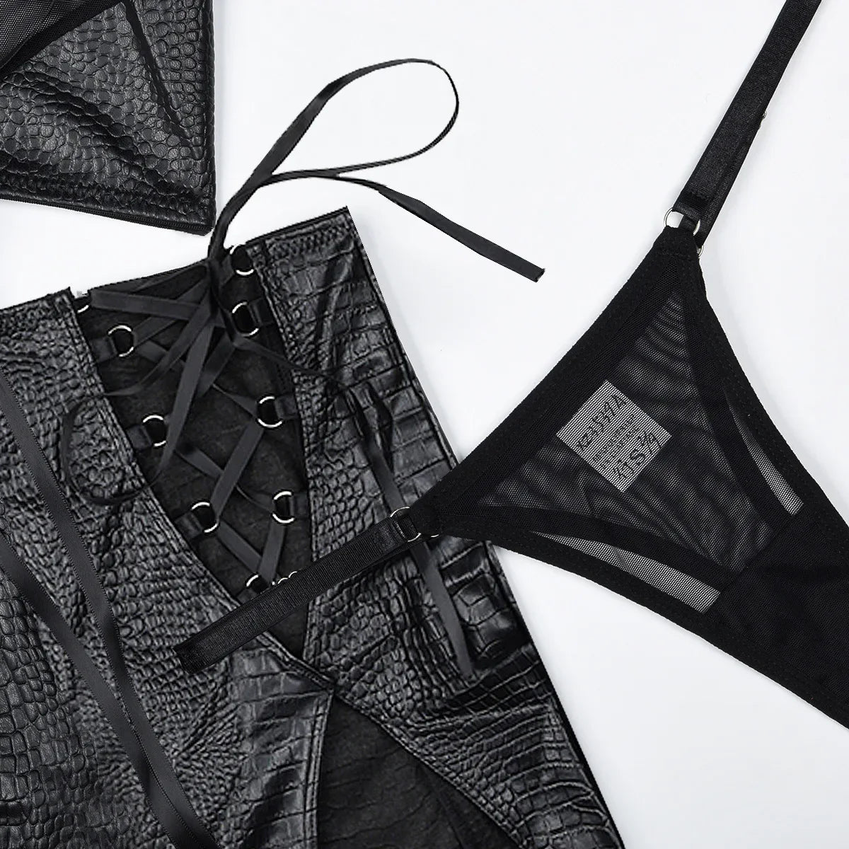 Hot-selling new high-quality leather cloth mesh yarn sexy straps cross-hanging neck sexy underwear set sexy lingerie body suit