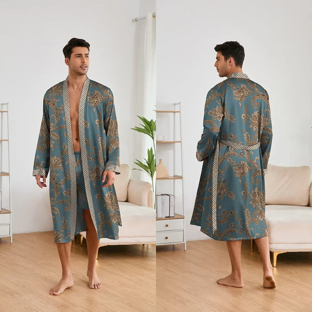 Spring Summer New Men Pajama 2PCS Robe Shorts Set Silky Satin Kimono Bathrobe Pants Lingerie Home Clothing Loungewear