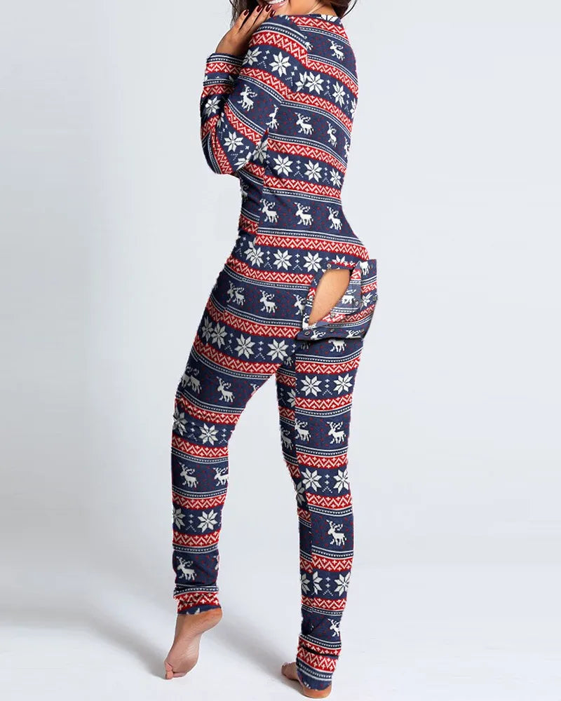 Women's Pajamas Christmas Printed Sexy Jumpsuit Fashion Casual Button Front Bottom Rear Hip Opening Flip Jumpsuits