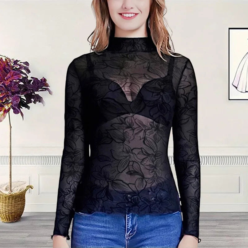 T Shirt For Women Basics Retro Sexy Polka Dot O Neck Bodycon Tops Off The Shoulder Vintage Solid Streetwear Lace Transparent