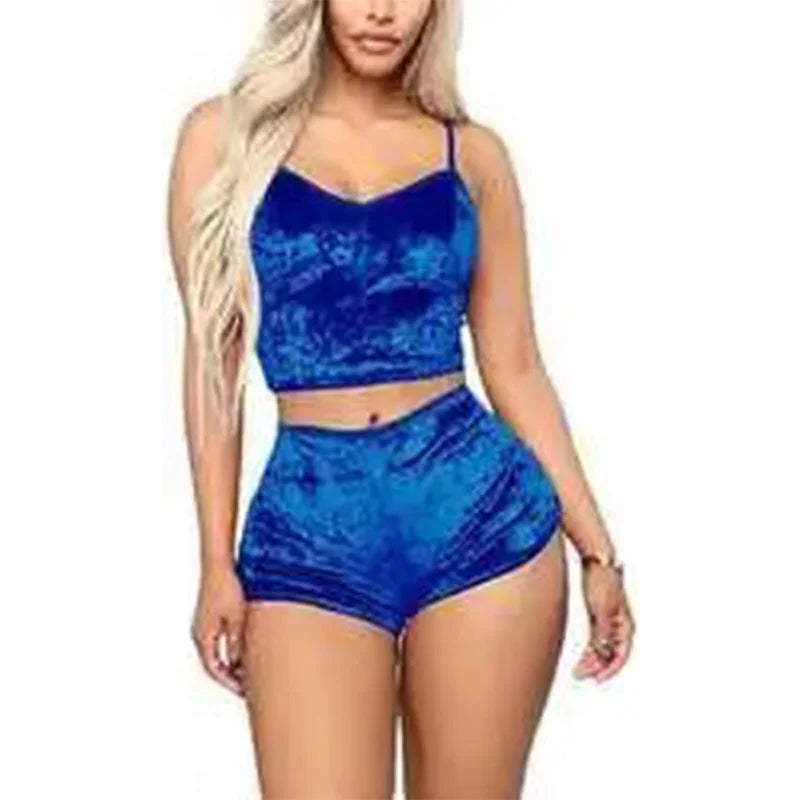 Sexy Velvet Pajamas V-Neck Lingerie Two Sets Women Suspenders Short Pants Loungewear