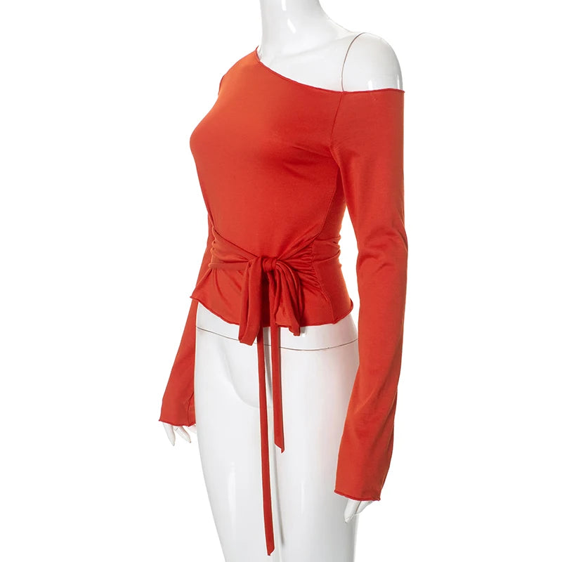 CUTENOVA Autumn Solid Color Slant Neck Off Shoulder Long Sleeve T Shirt Bandage Waist Tie Elegant Cropped Top For Women Wear