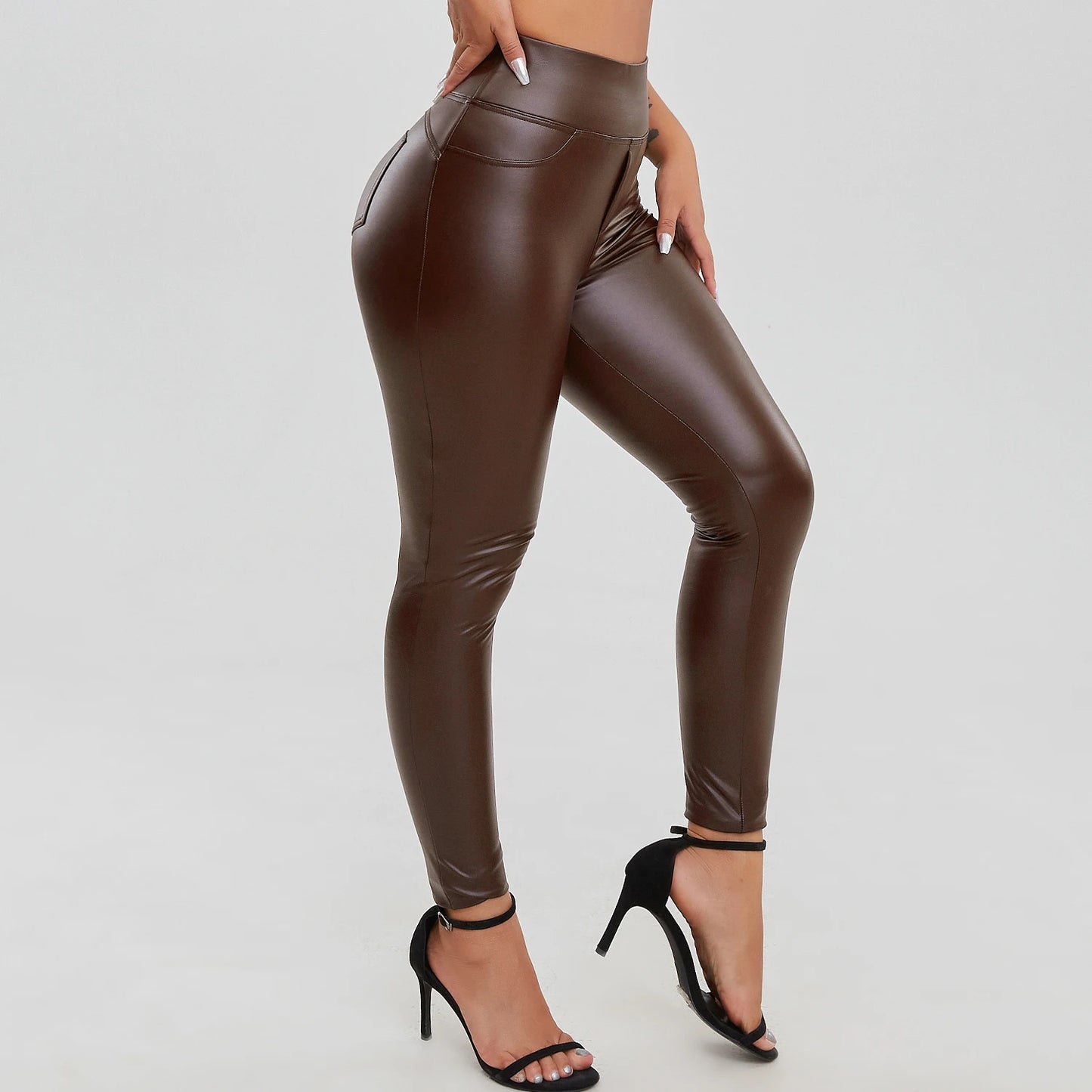 High Waist Zipper Pu Leggings For Women Black Push Up Leggins Lady Sexy Booty Stretch Slim Sport Pants Pu Leather Legging Female