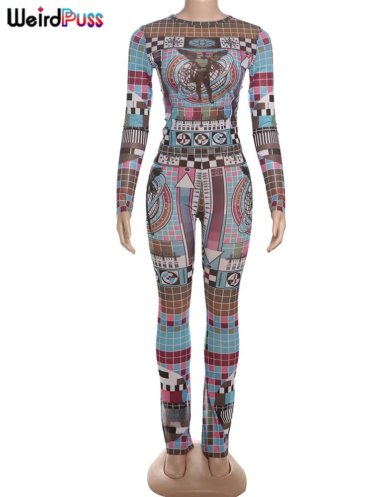 Weird Puss Pixel Print Women 2 Piece Set Tracksuit Colorful Full Sleeve Crop Tops+Leggings Stretch Matching Streetwear Outfits