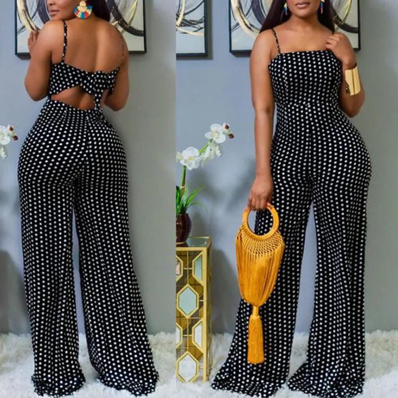 Women Jumpsuits Overalls High Waist Dot Wide Leg Pants High Street Casual Flat Sexy Backless Wrapping Breast Autumn